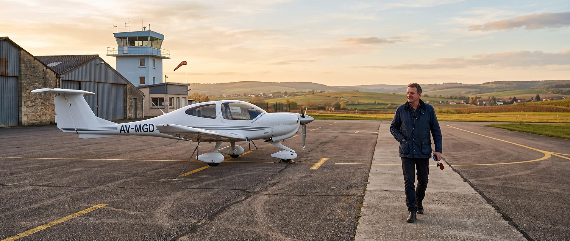A general aviation aircraft on the apron at sunset